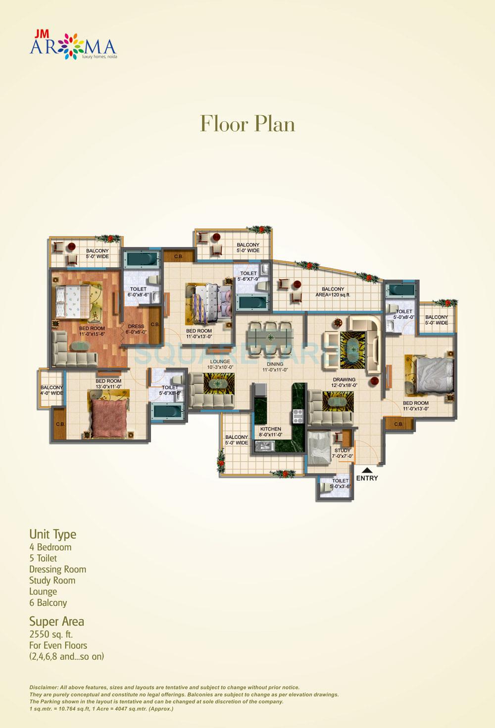 Floor plan of 4 BHK 2550 Sq. Ft. Apartment in JM Aroma, Noida