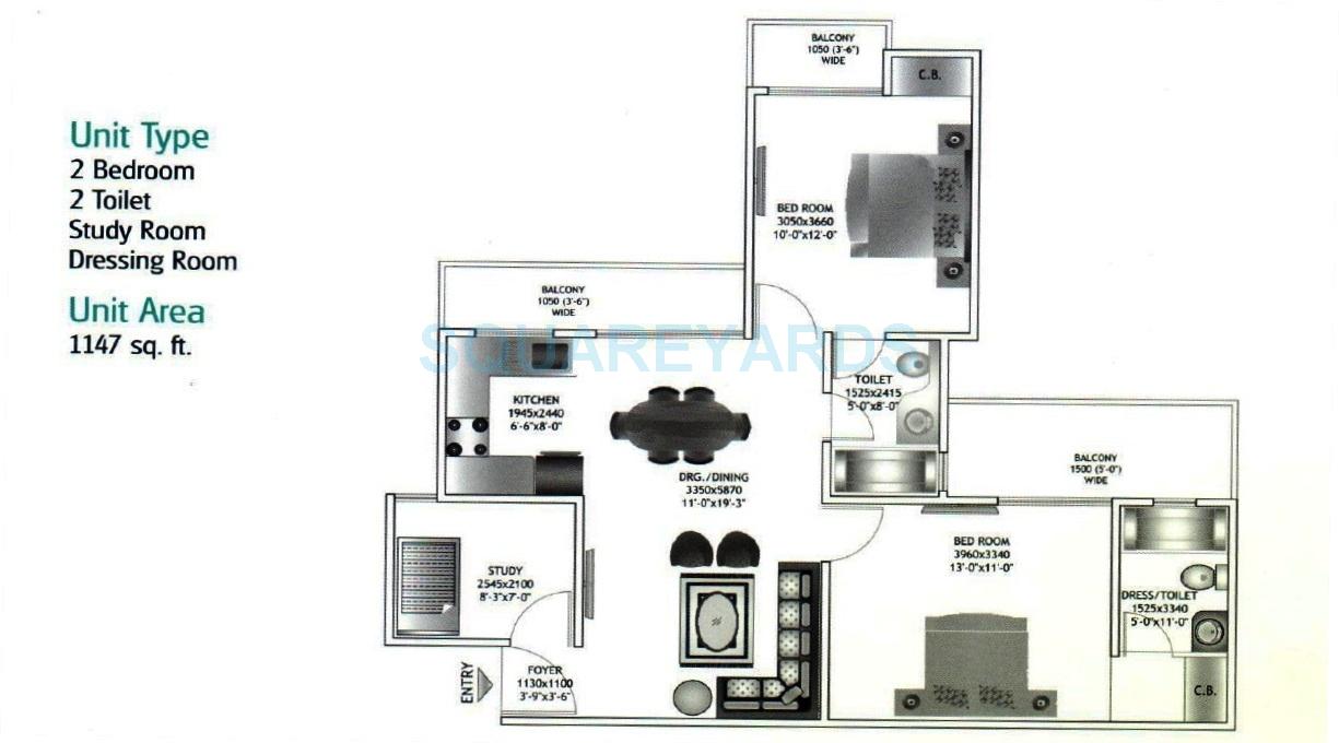 Floor plan of 2 BHK 1147 Sq. Ft. Apartment in JM Orchid, Noida