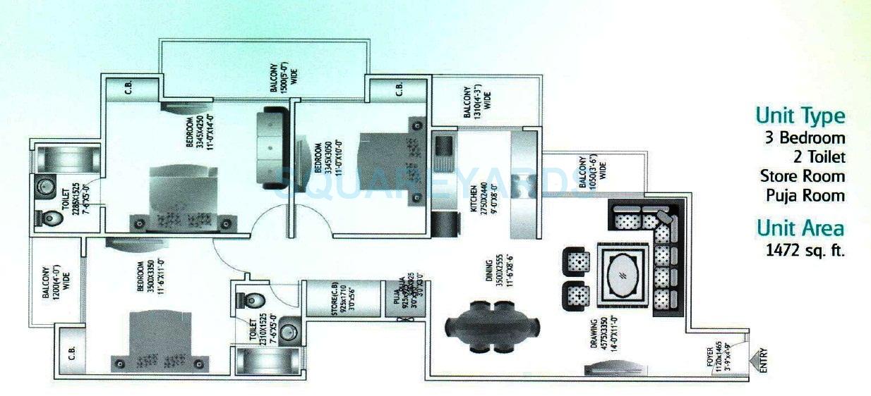 Floor plan of 3 BHK 1472 Sq. Ft. Apartment in JM Orchid, Noida