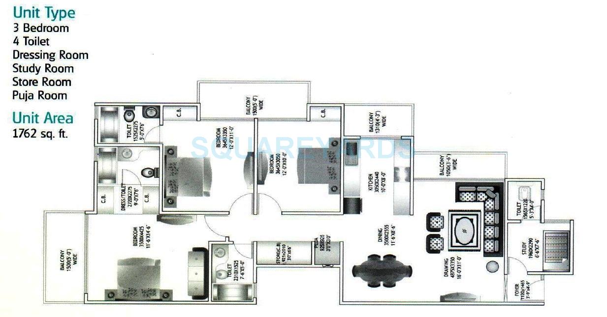 Floor plan of 3 BHK 1762 Sq. Ft. Apartment in JM Orchid, Noida