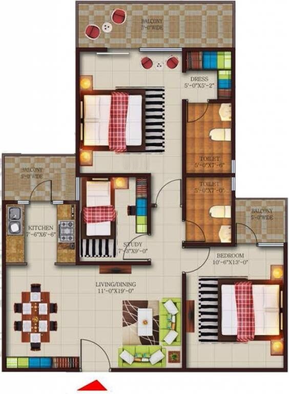Floor plan of 2 BHK 885 Sq. Ft. Apartment in Kingson The Home, Noida