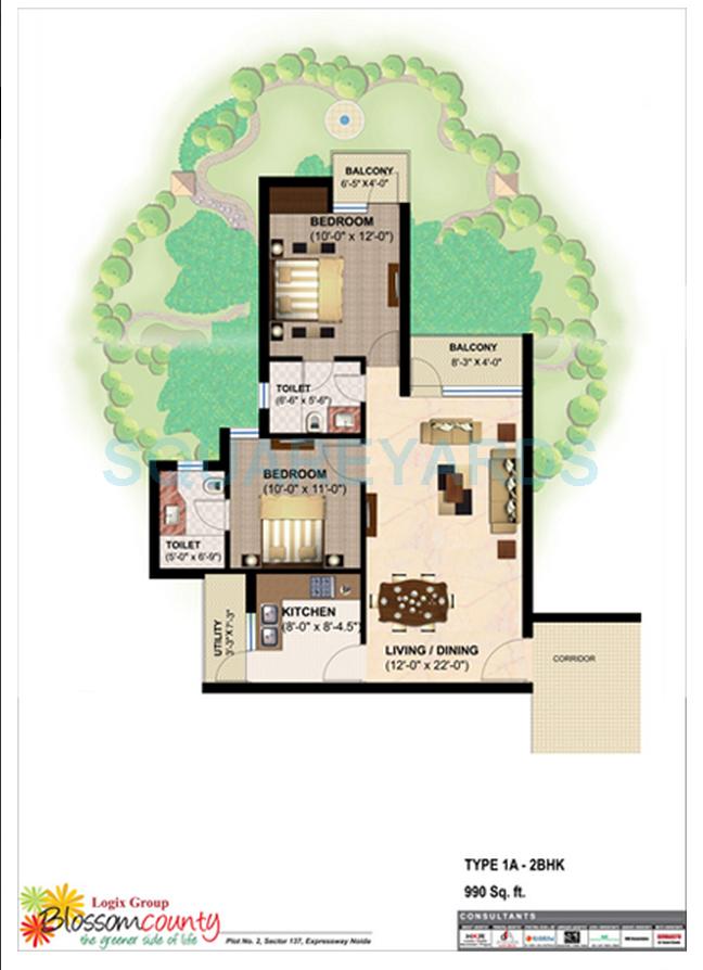 Floor plan of 2 BHK 990 Sq. Ft. Apartment in Logix Blossom County, Noida