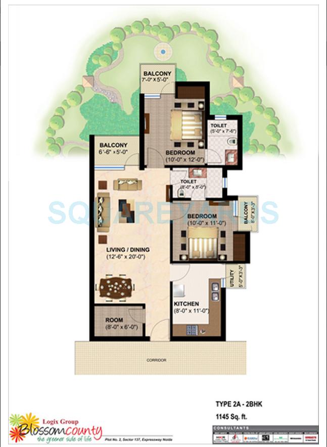 Floor plan of 2 BHK 1145 Sq. Ft. Apartment in Logix Blossom County, Noida