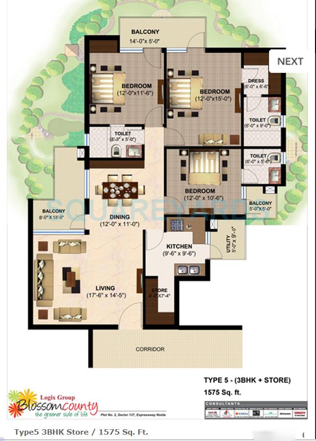 Floor plan of 3 BHK 1575 Sq. Ft. Apartment in Logix Blossom County, Noida