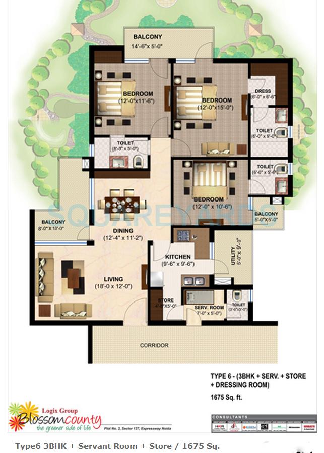 Floor plan of 3 BHK 1675 Sq. Ft. Apartment in Logix Blossom County, Noida