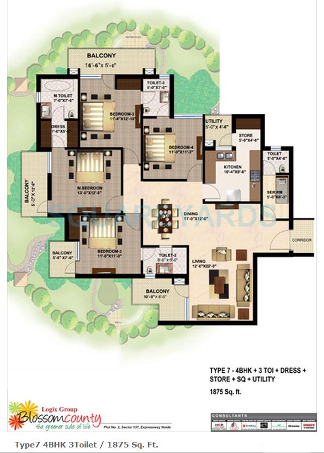 Floor plan of 4 BHK 1875 Sq. Ft. Apartment in Logix Blossom County, Noida