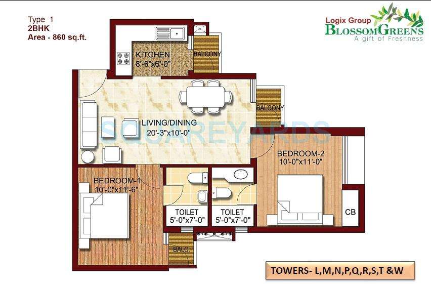 2 BHK 860 Sq. Ft. Apartment in Logix Blossom Greens