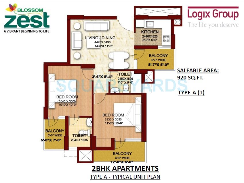 Floor plan of 2 BHK 920 Sq. Ft. Apartment in Logix Blossom Zest, Noida