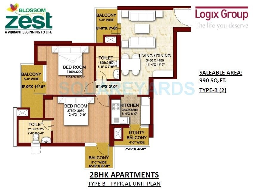Floor plan of 2 BHK 990 Sq. Ft. Apartment in Logix Blossom Zest, Noida