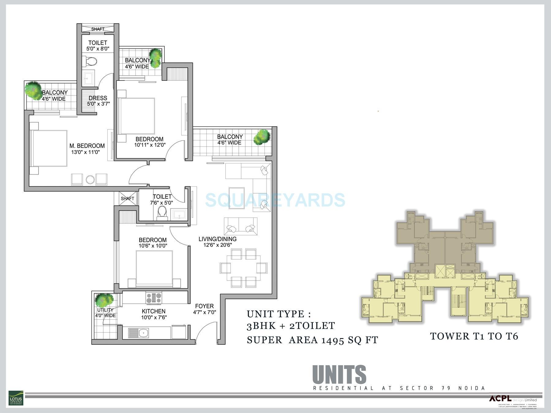 Floor plan of 3 BHK 1495 Sq. Ft. Apartment in Lotus Green Arena, Noida