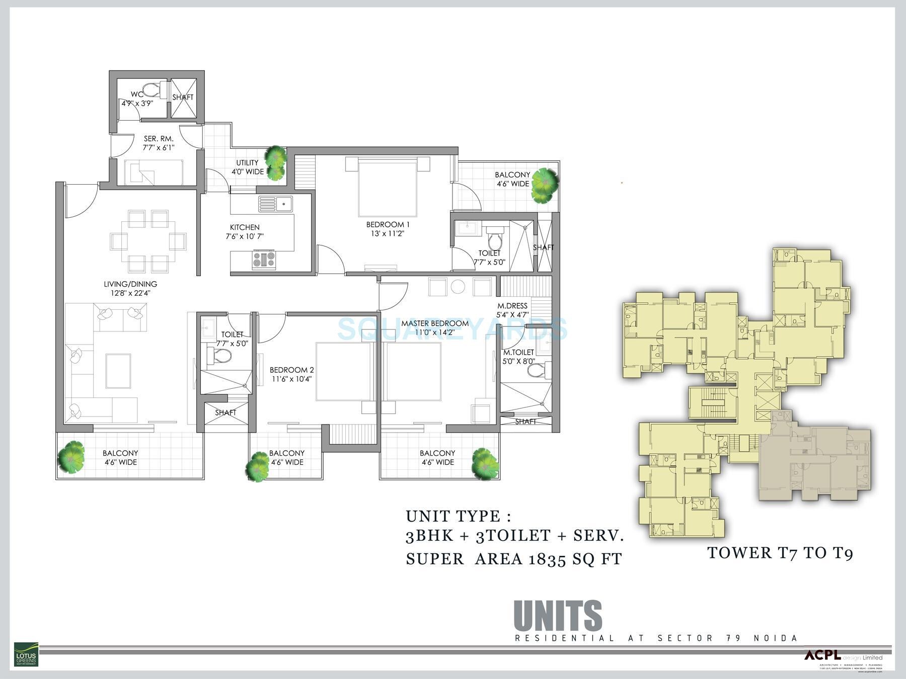 Floor plan of 3 BHK 1835 Sq. Ft. Apartment in Lotus Green Arena, Noida