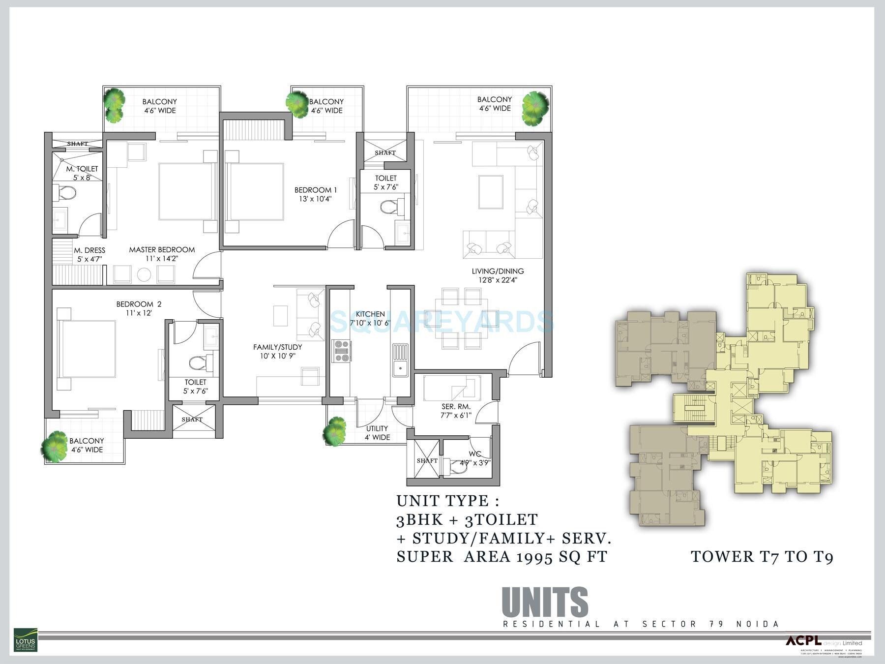 Floor plan of 3 BHK 1995 Sq. Ft. Apartment in Lotus Green Arena, Noida