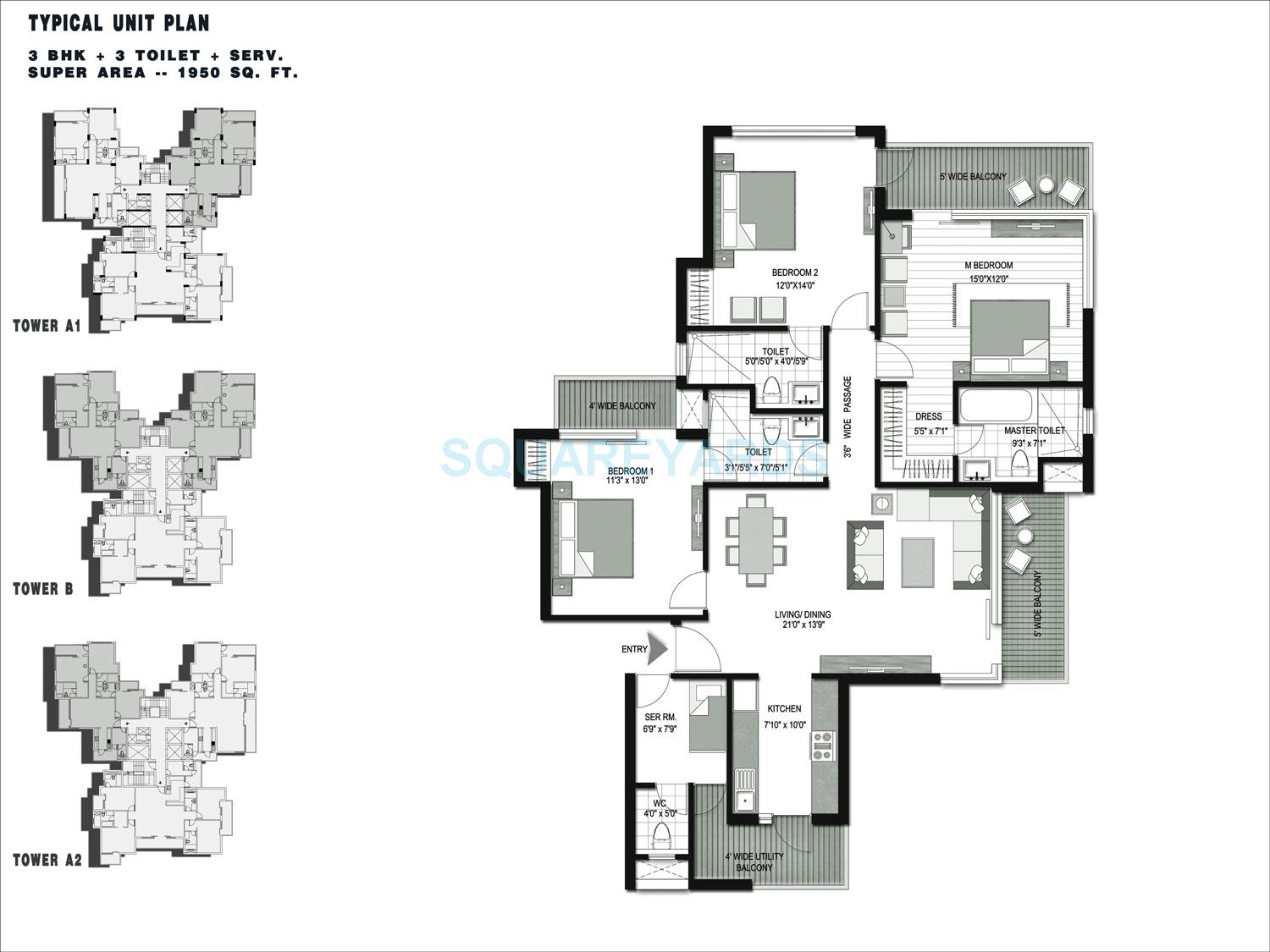 Floor plan of 3 BHK 1950 Sq. Ft. Apartment in Lotus Greens Isle, Noida