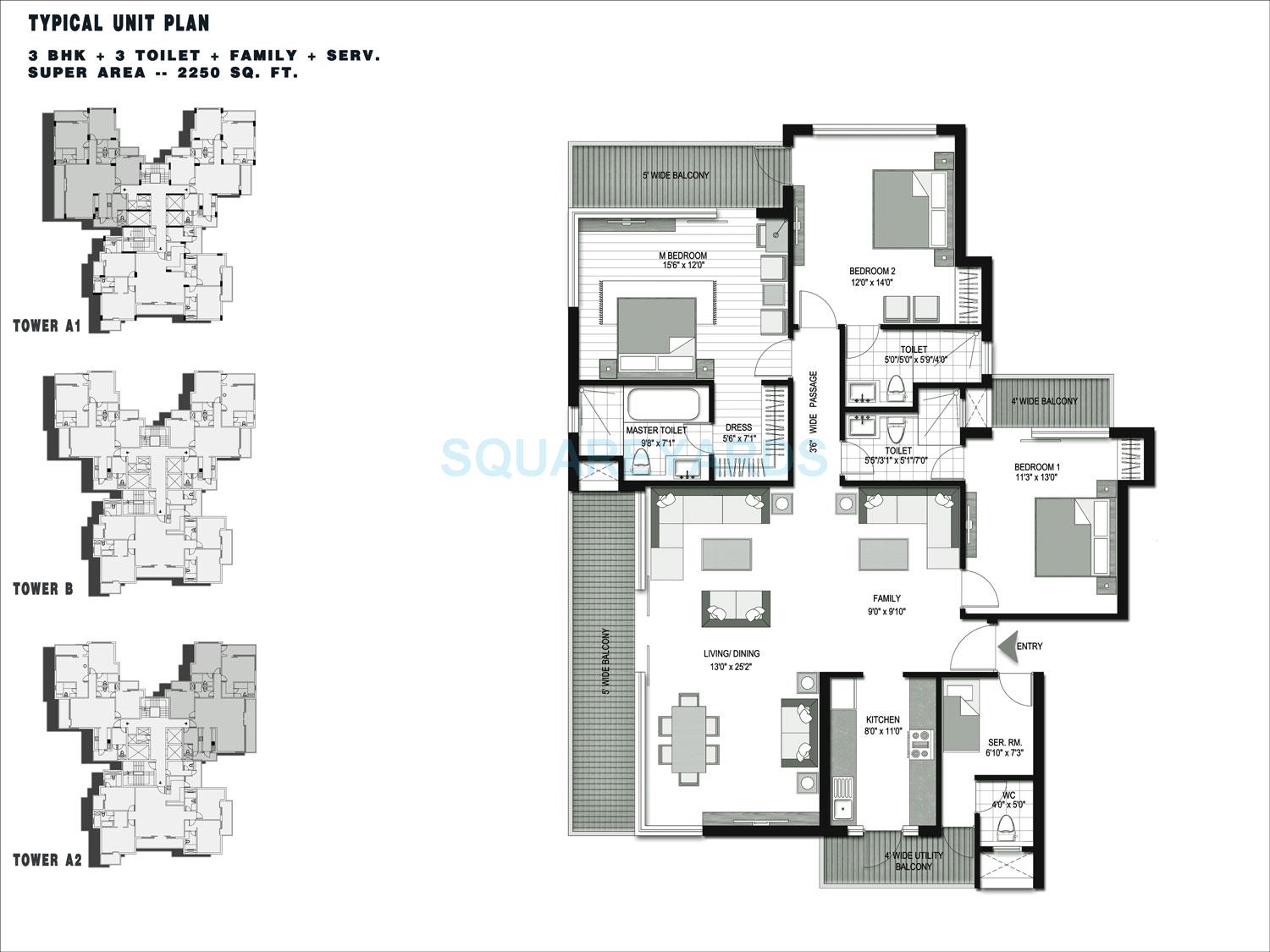 Floor plan of 3 BHK 2250 Sq. Ft. Apartment in Lotus Greens Isle, Noida