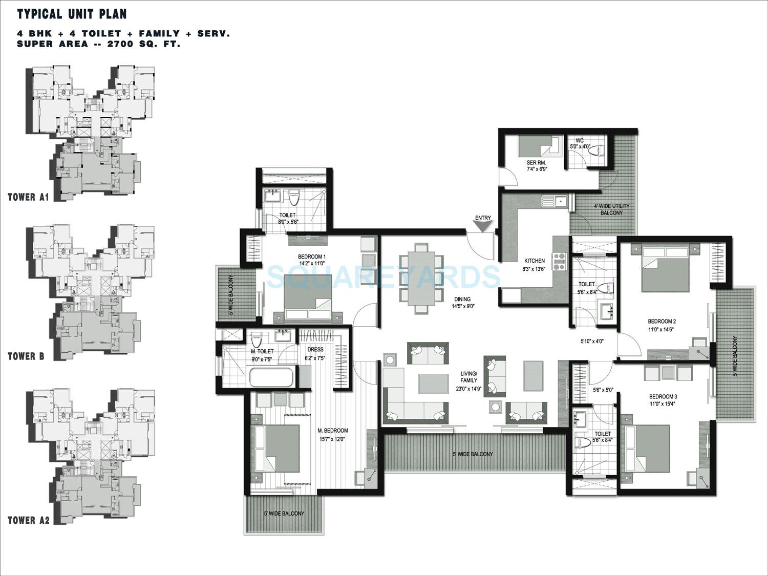 Floor plan of 4 BHK 2700 Sq. Ft. Apartment in Lotus Greens Isle, Noida