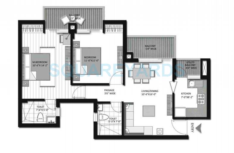 Floor plan of 2 BHK 1100 Sq. Ft. Apartment in Lotus Greens Tulip Sports City, Noida