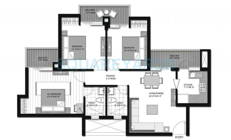 Floor plan of 3 BHK 1285 Sq. Ft. Apartment in Lotus Greens Tulip Sports City, Noida