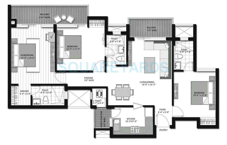 Floor plan of 3 BHK 1575 Sq. Ft. Apartment in Lotus Greens Tulip Sports City, Noida