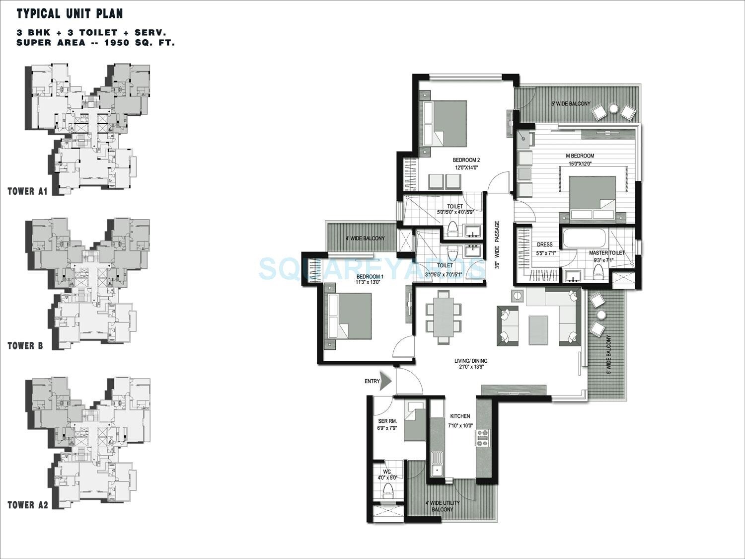 Floor plan of 3 BHK 1950 Sq. Ft. Apartment in Lotus Isle, Noida