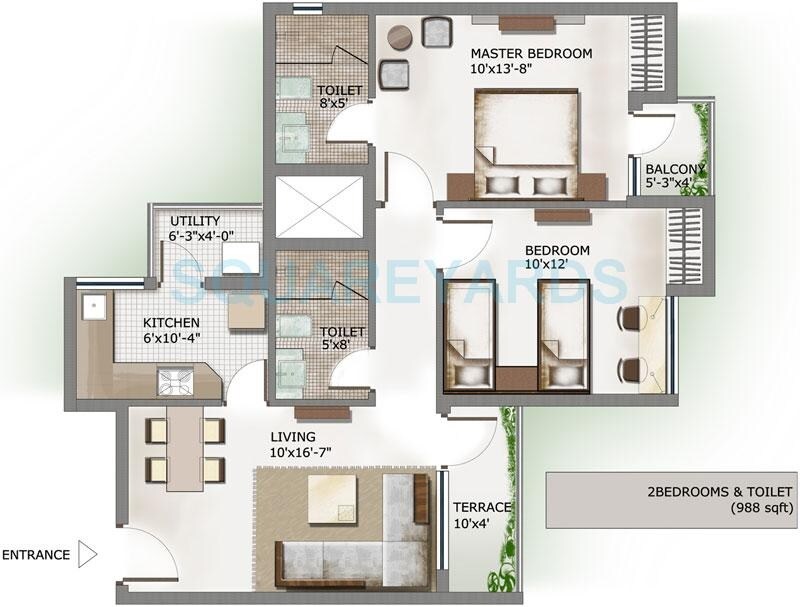 Floor plan of 2 BHK 988 Sq. Ft. Apartment in Lotus Panache, Noida