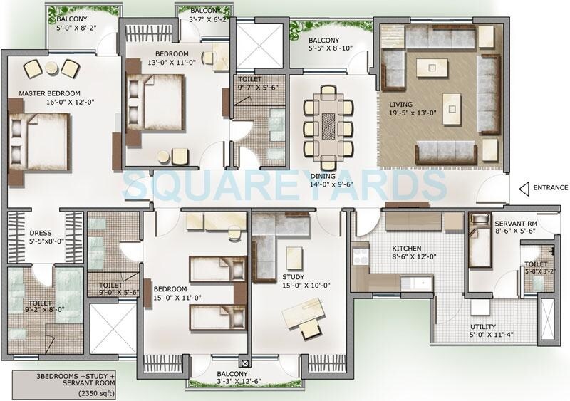 Floor plan of 3 BHK 2350 Sq. Ft. Apartment in Lotus Panache, Noida