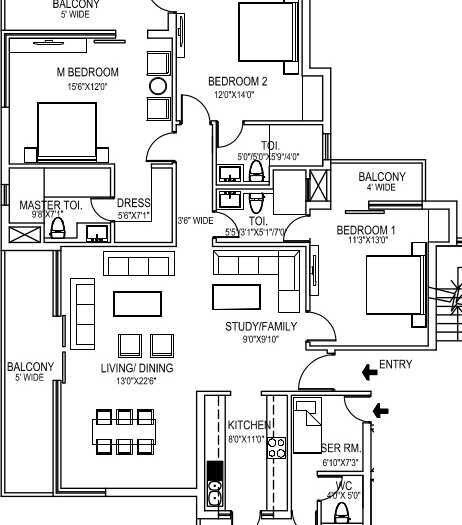 Floor plan of 3 BHK 1950 Sq. Ft. Apartment in Lotus Square, Noida
