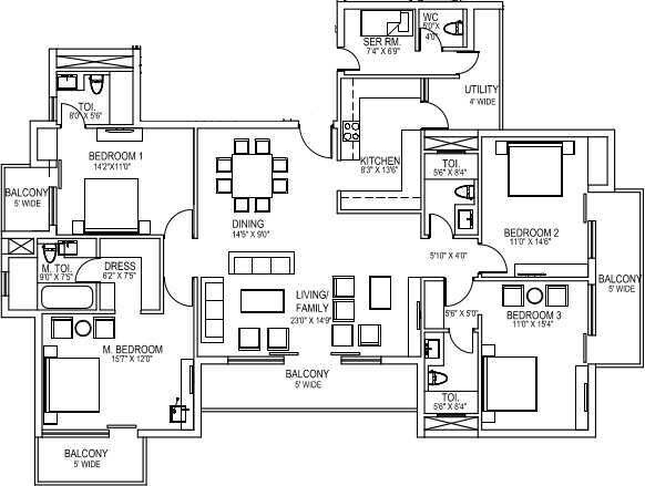 Floor plan of 4 BHK 2725 Sq. Ft. Apartment in Lotus Square, Noida