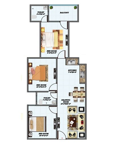 Floor plan of 3 BHK 1500 Sq. Ft. Apartment in Magic V Heights, Noida