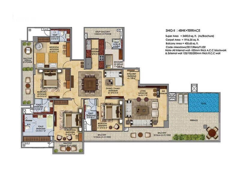 Floor plan of 4 BHK 3400 Sq. Ft. Apartment in Mahagun Golf Centric Vertical Villas, Noida