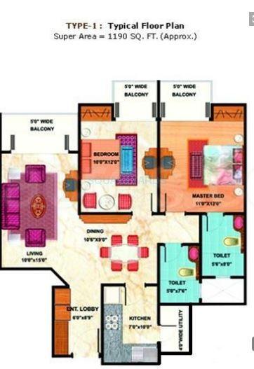 Floor plan of 2 BHK 1190 Sq. Ft. Apartment in Mahagun Maestro, Noida