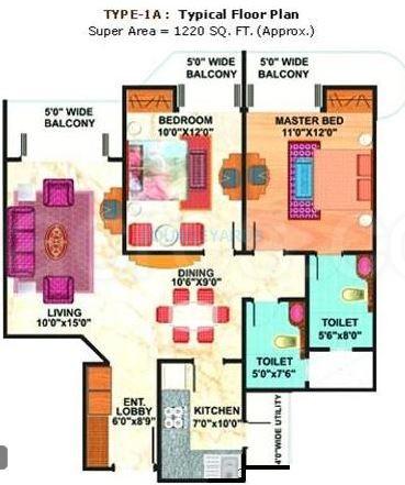 Floor plan of 2 BHK 1220 Sq. Ft. Apartment in Mahagun Maestro, Noida