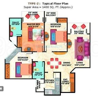 Floor plan of 3 BHK 1400 Sq. Ft. Apartment in Mahagun Maestro, Noida