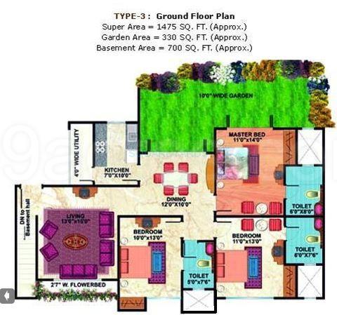 Floor plan of 3 BHK 1475 Sq. Ft. Apartment in Mahagun Maestro, Noida