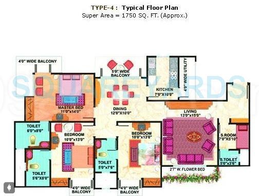 Floor plan of 3 BHK 1750 Sq. Ft. Apartment in Mahagun Maestro, Noida