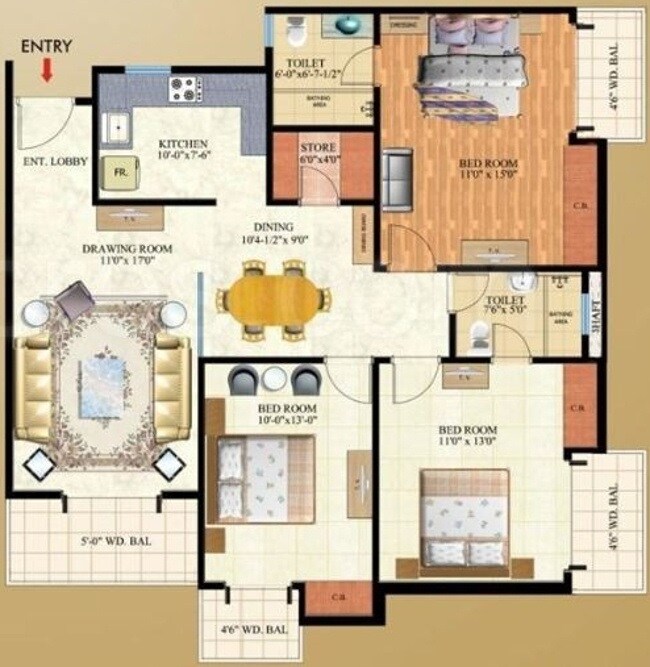 Floor plan of 3 BHK 1575 Sq. Ft. Apartment in Mahagun Maple, Noida