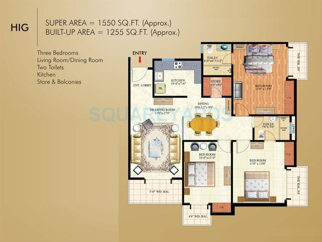 Floor plan of 3 BHK 1550 Sq. Ft. Apartment in Mahagun Maple, Noida