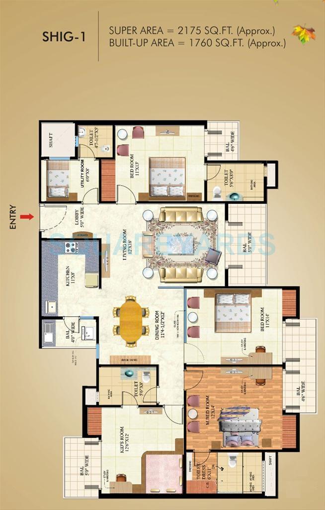 Floor plan of 4 BHK 2175 Sq. Ft. Apartment in Mahagun Maple, Noida