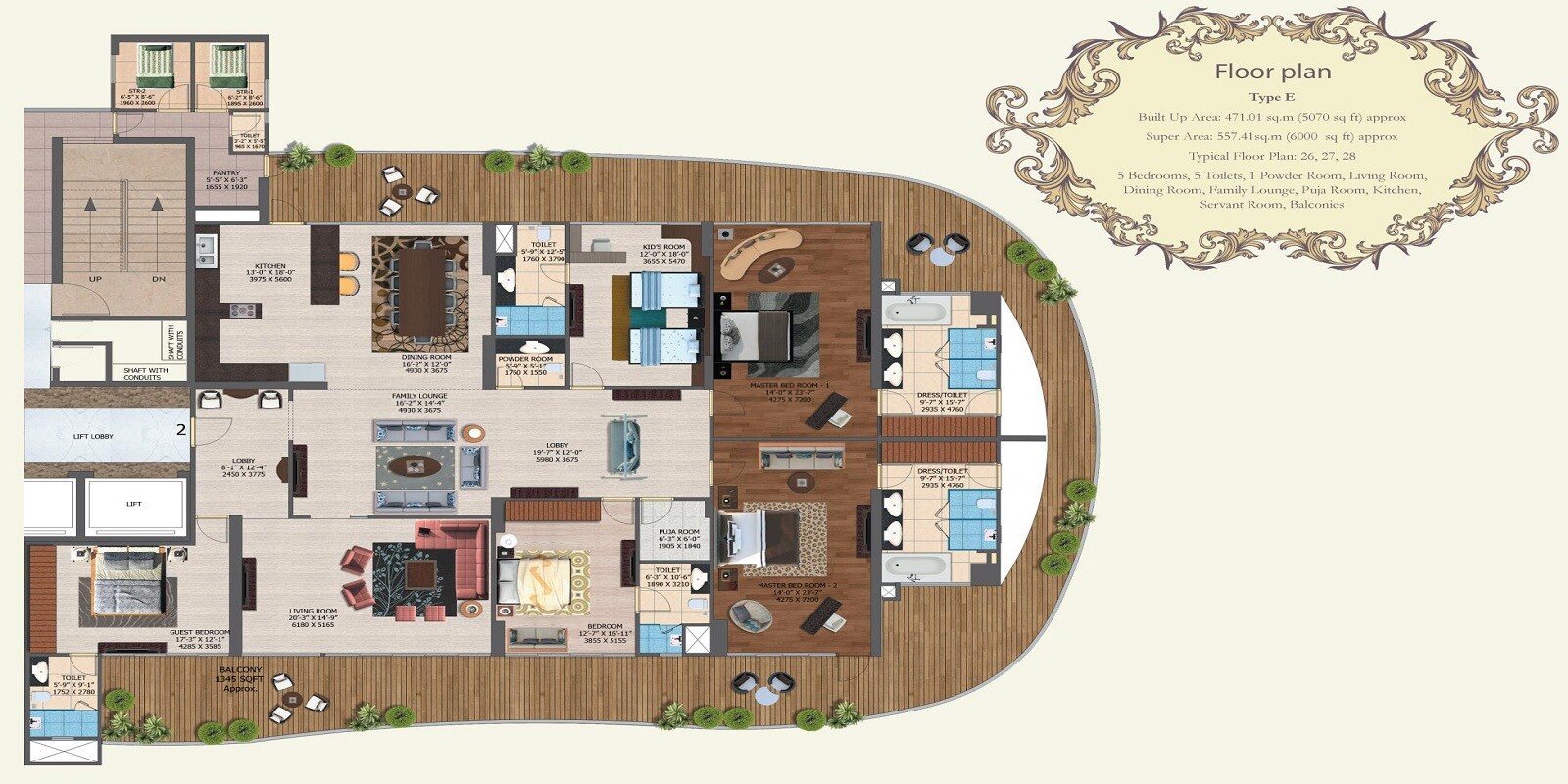 Floor plan of 5 BHK 6000 Sq. Ft. Apartment in Mahagun Marvella, Noida
