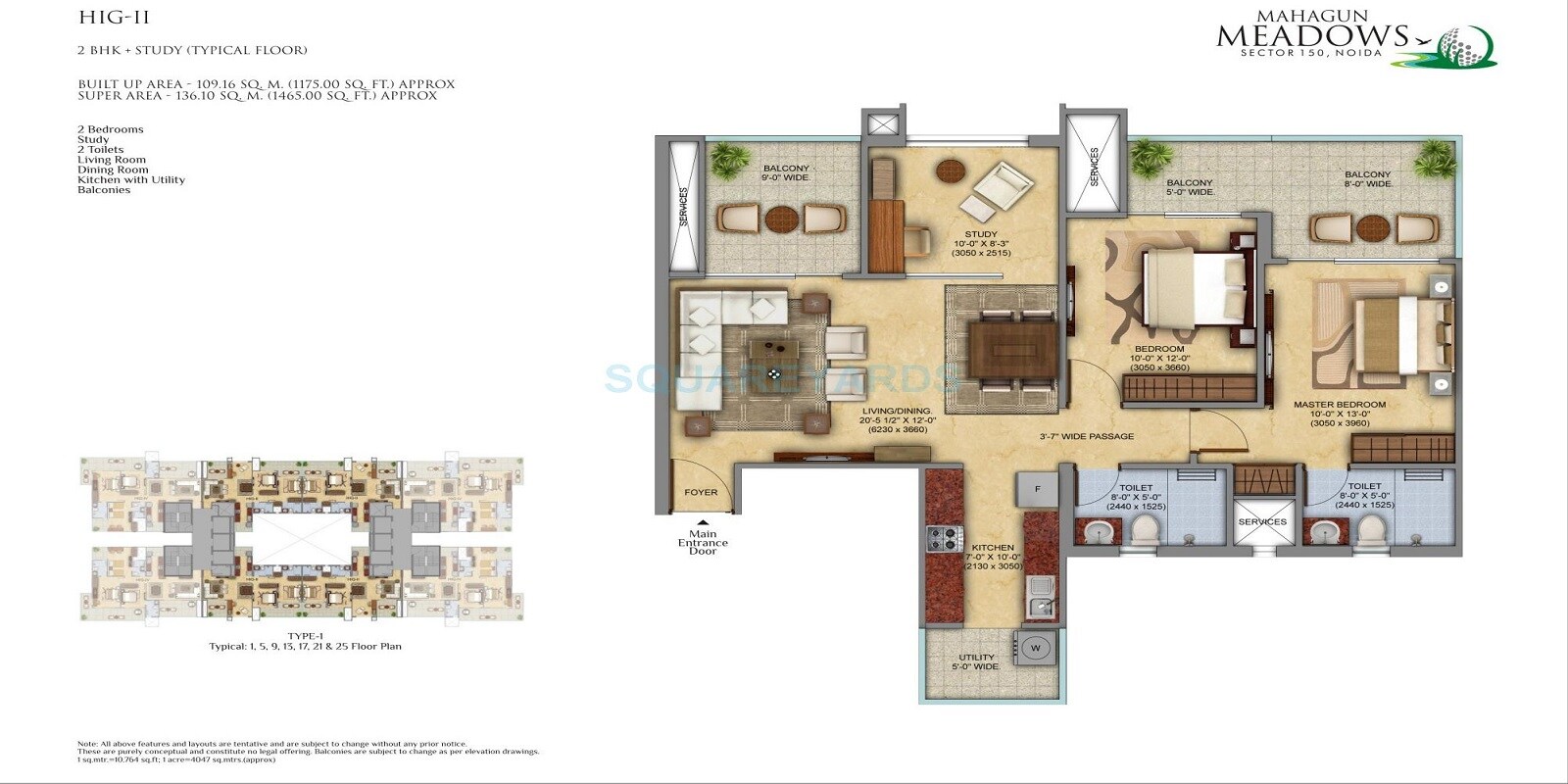 Floor plan of 2 BHK 1465 Sq. Ft. Apartment in Mahagun Meadows, Noida