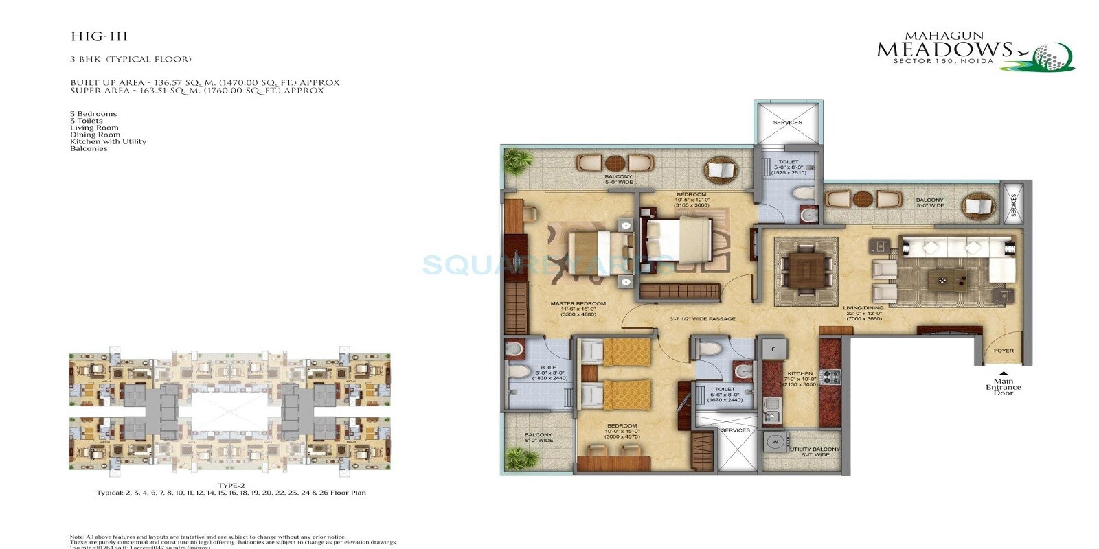 Floor plan of 3 BHK 1760 Sq. Ft. Apartment in Mahagun Meadows, Noida