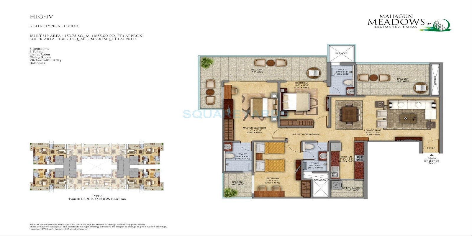 Floor plan of 3 BHK 1945 Sq. Ft. Apartment in Mahagun Meadows, Noida