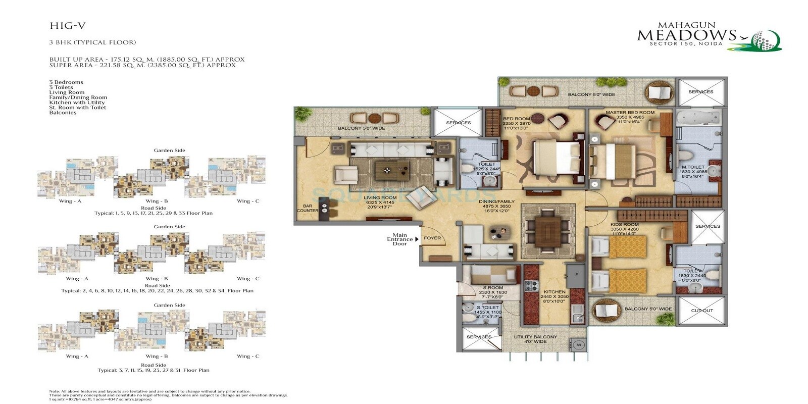 Floor plan of 3 BHK 2385 Sq. Ft. Apartment in Mahagun Meadows, Noida