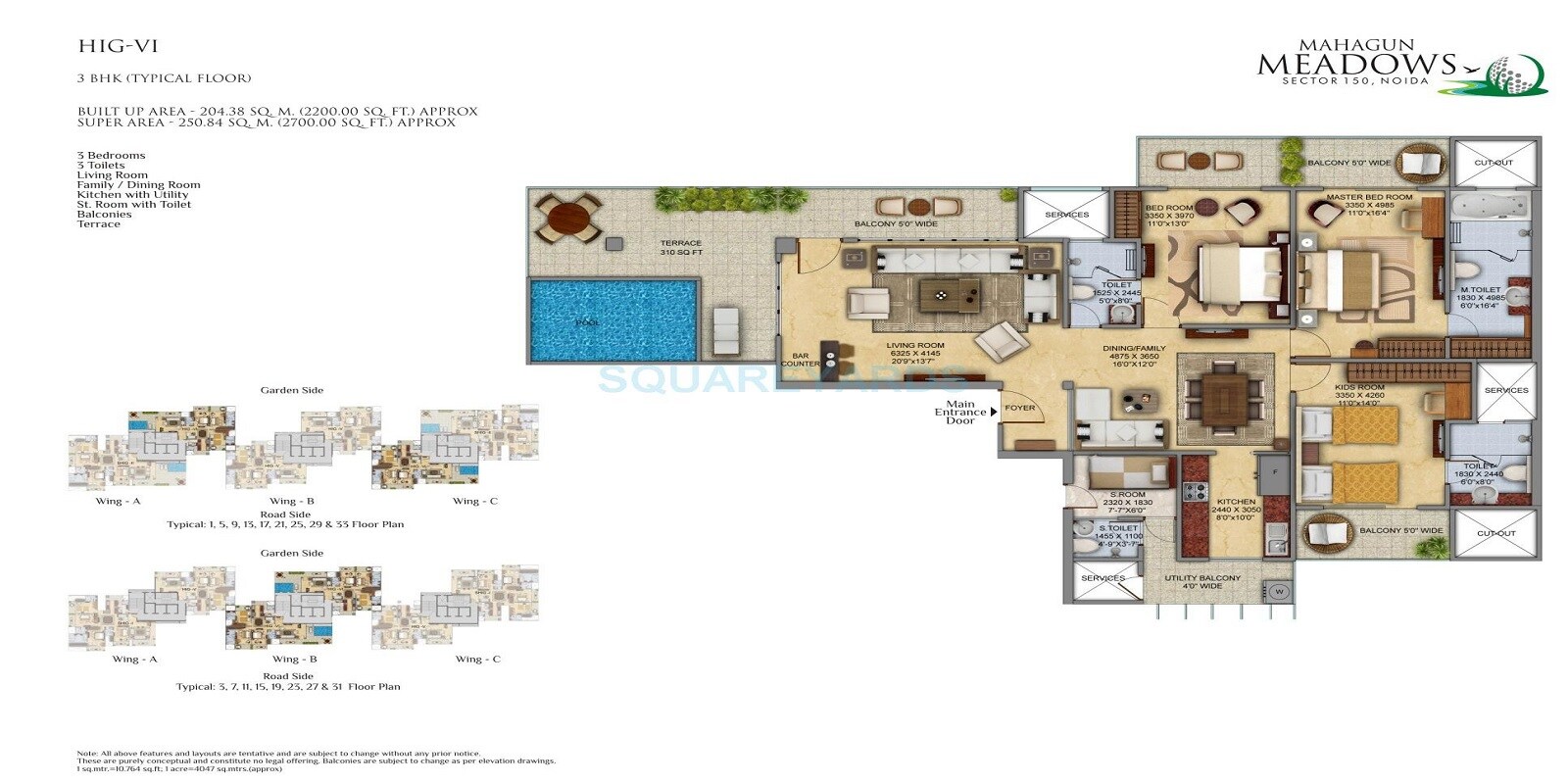 Floor plan of 3 BHK 2700 Sq. Ft. Apartment in Mahagun Meadows, Noida