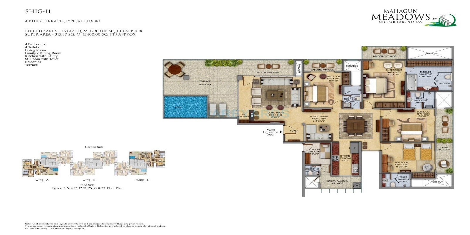 Floor plan of 4 BHK 3400 Sq. Ft. Apartment in Mahagun Meadows, Noida