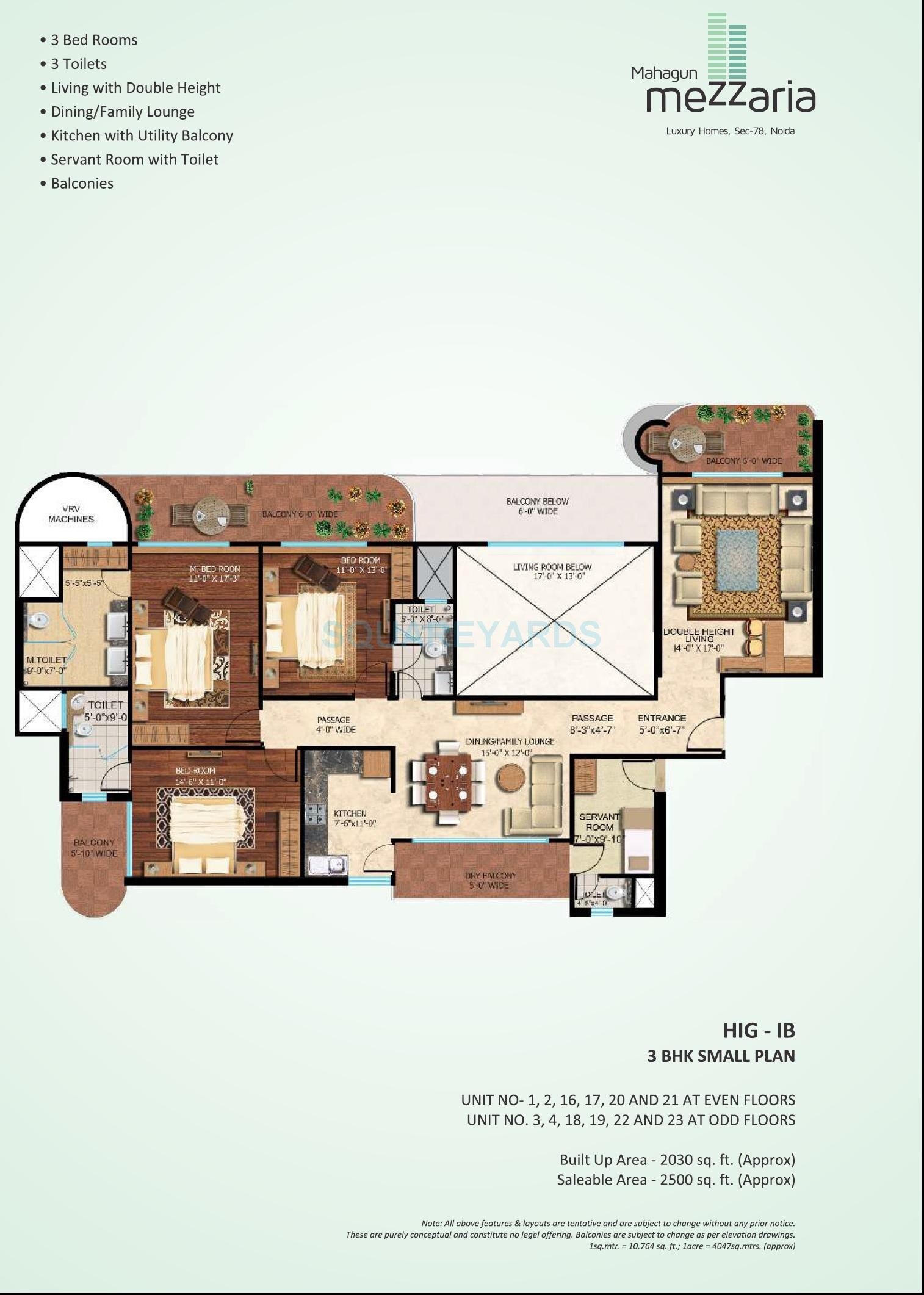 Floor plan of 3 BHK 2500 Sq. Ft. Apartment in Mahagun Mezzaria, Noida