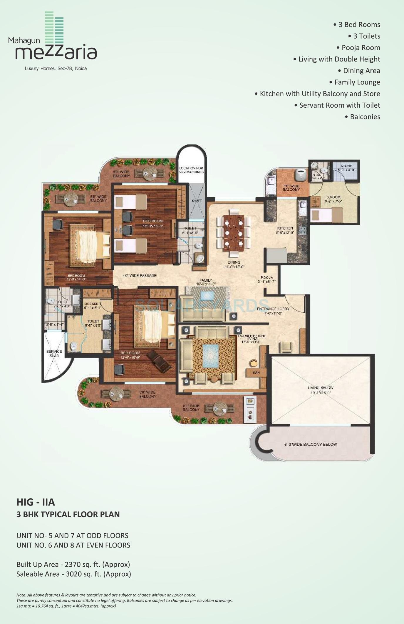 Floor plan of 3 BHK 3020 Sq. Ft. Apartment in Mahagun Mezzaria, Noida