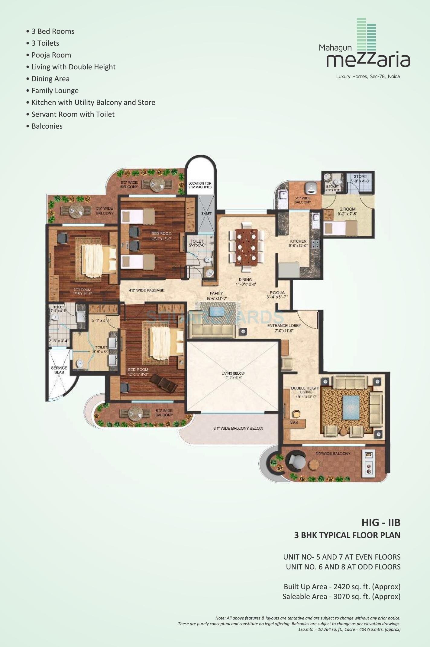 Floor plan of 3 BHK 3070 Sq. Ft. Apartment in Mahagun Mezzaria, Noida