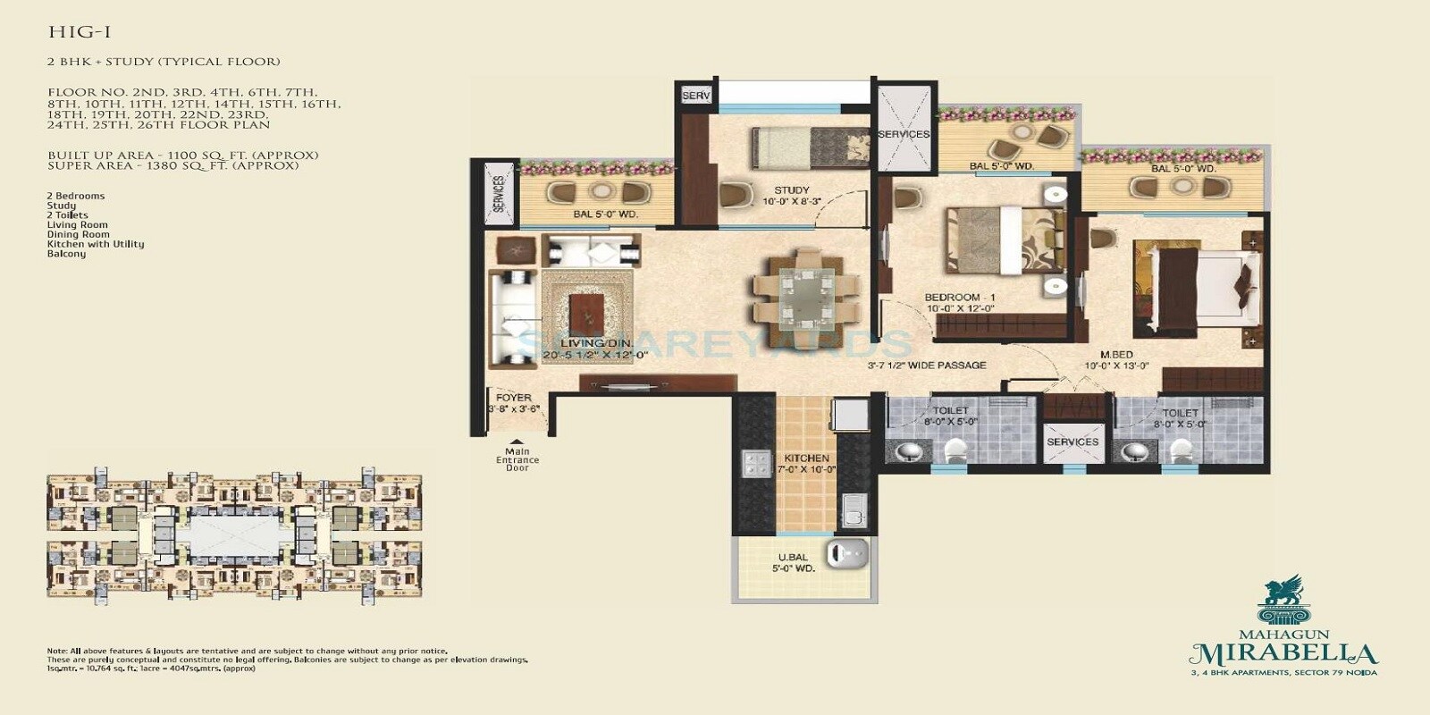 Floor plan of 2 BHK 1380 Sq. Ft. Apartment in Mahagun Mirabella, Noida