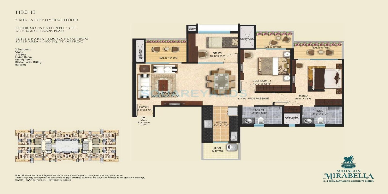 Floor plan of 2 BHK 1400 Sq. Ft. Apartment in Mahagun Mirabella, Noida