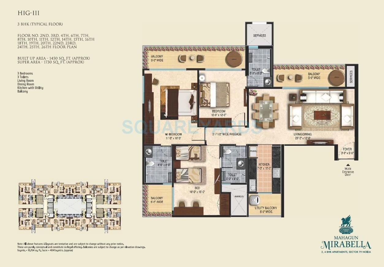 Floor plan of 3 BHK 1730 Sq. Ft. Apartment in Mahagun Mirabella, Noida